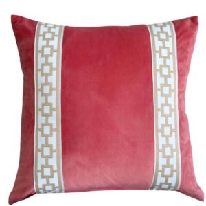 Designer Pillow cover spicy coral velvet beige Caroline trim tape fretwork lumbar bolster throw custom Piping highend decorative chinoiserie