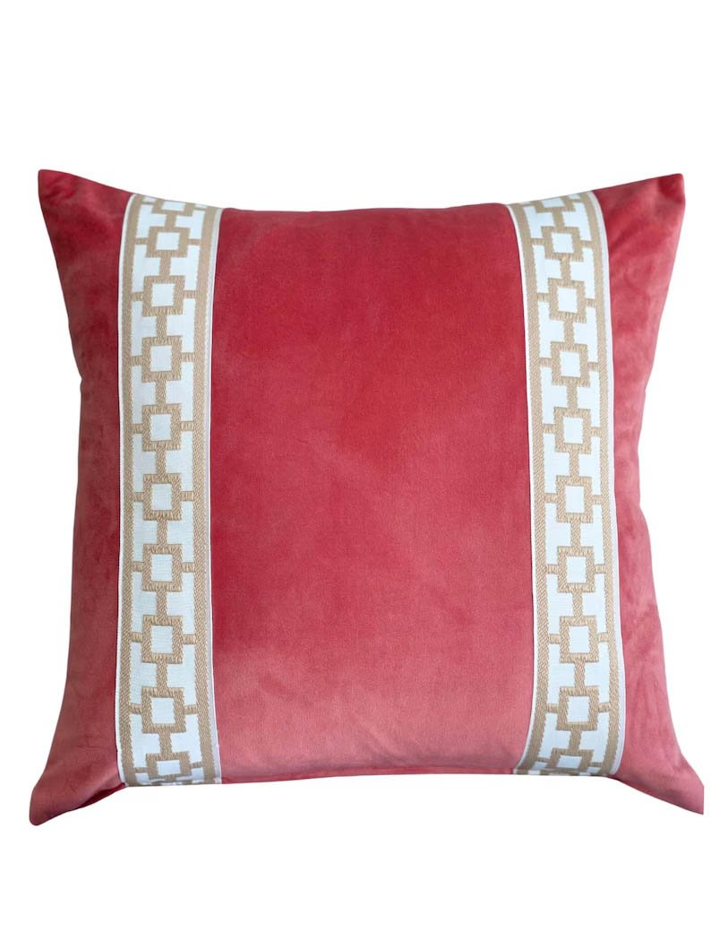 Designer Pillow cover spicy coral velvet beige Caroline trim tape fretwork lumbar bolster throw custom Piping highend decorative chinoiserie
