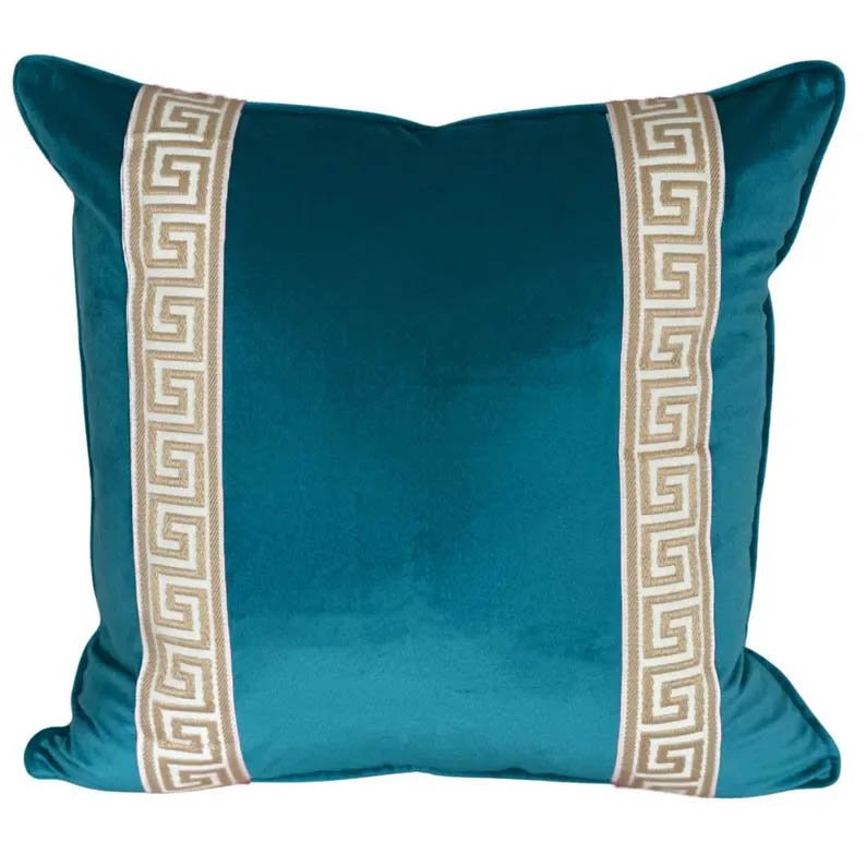 Designer Pillow cover teal peacock Beige beige Key trim tape lumbar bolster throw custom Piping high end decorative chinoiserie sky