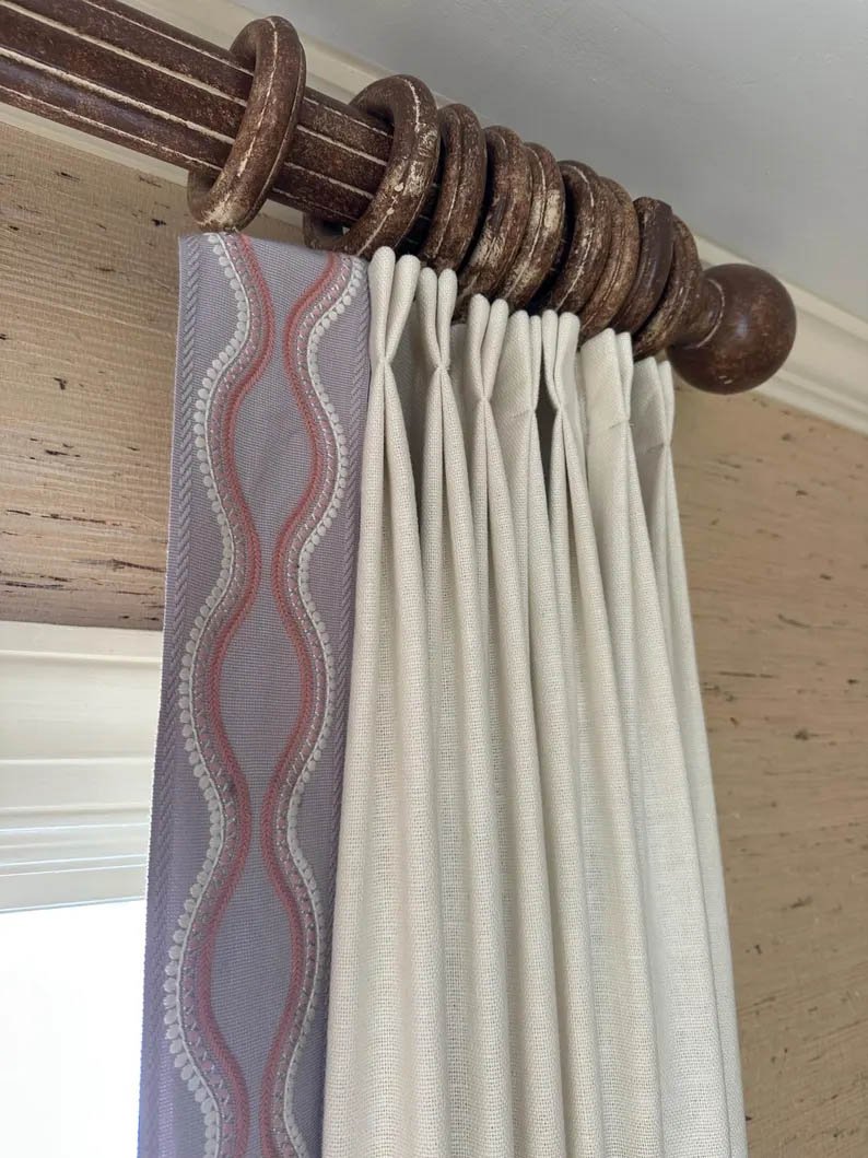 Linen Pinch Pleat drapes with trim tape many fabric colors curtains French pleated fretwork pink rose trimming lining blackout privacy avail