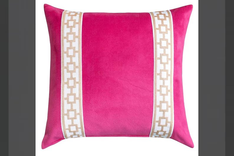 Designer Pillow cover and pink velvet beige Caroline trim tape fretwork lumbar bolster throw Piping decorative chinoiserie high end