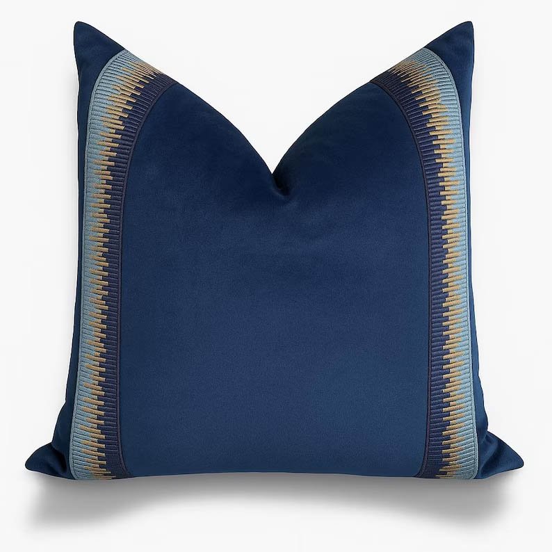 Designer Pillow cover trim tape navy blue Schumacher velvet Cover navy light blue lumbar bolster throw custom Piping high end decorative